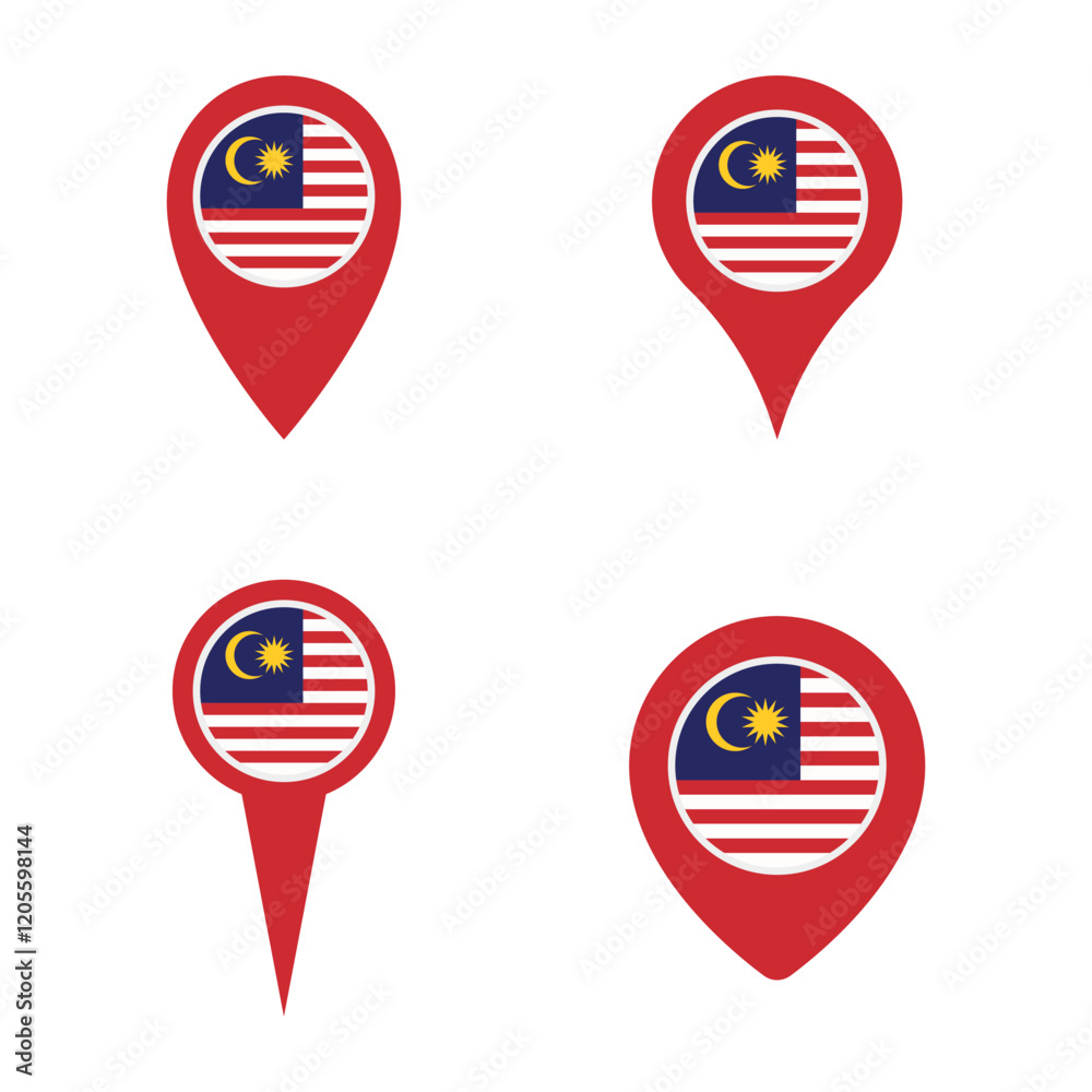 Malaysia map pointer icon set, symbols of the flag of Malaysia Malaysia map pointer icon set, symbols of the flag of Malaysia