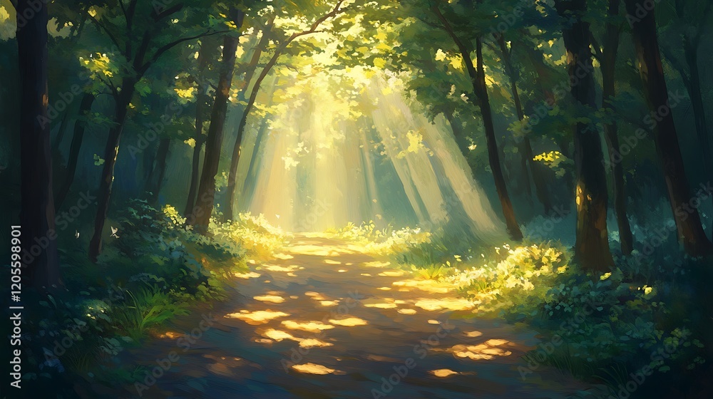 Fototapeta premium Sunbeams Illuminating a Path Through a Dense Forest