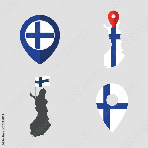 Finland map pointer icon set, flag of the Finland symbols