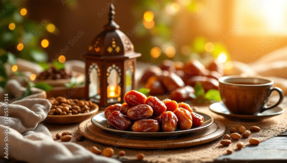 Delicious Dates Ramadan Festive Food with Lantern and Tea Delicious Dates Ramadan Festive Food with Lantern and Tea