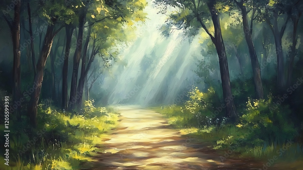 Naklejka premium Sunlit Path Through a Dense Forest