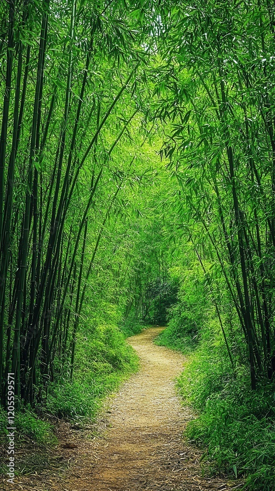 Obraz premium Winding Dirt Path Curves Through Dense Bamboo Forest