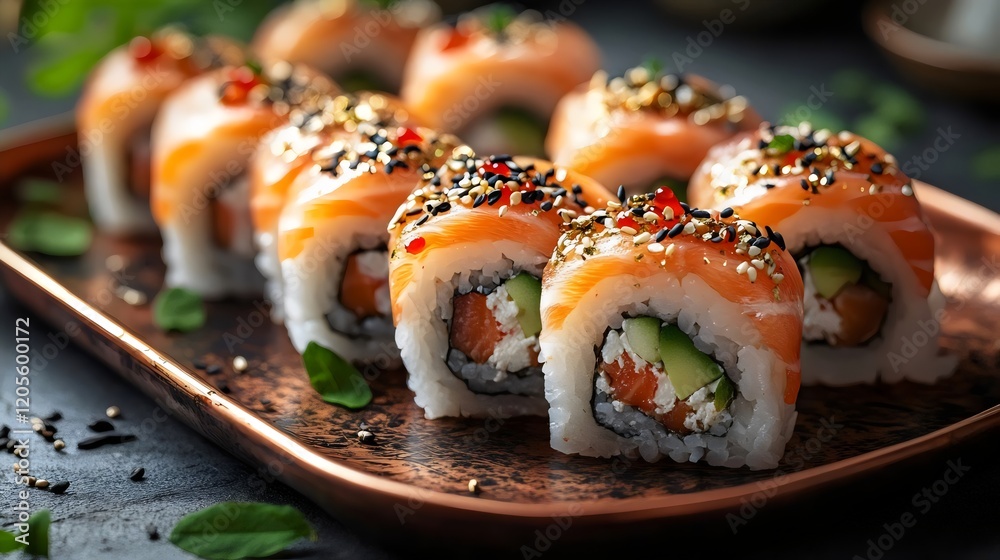 A tray of sushi with a variety of toppings including cucumber, avocado