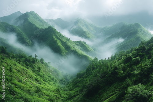 Misty Mountains Verdant Green Lush Landscape