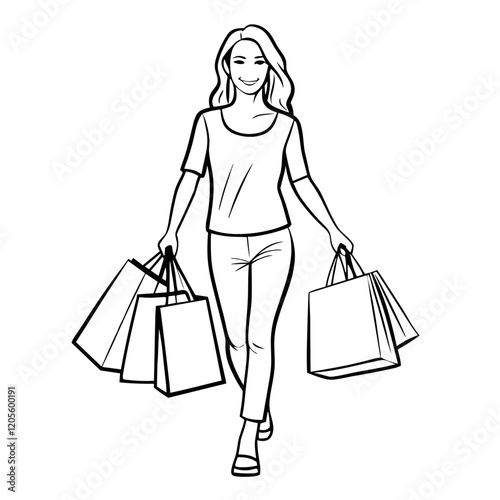 Outline illustration of a woman shopping with bags, symbolizing consumerism and retail therapy