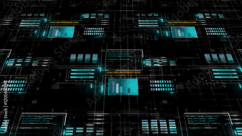Display background featuring digital data code and HUD elements, perfect for text titles and horizontal layouts. Thoughtful color design enhances mood, tone, and a futuristic aesthetic.