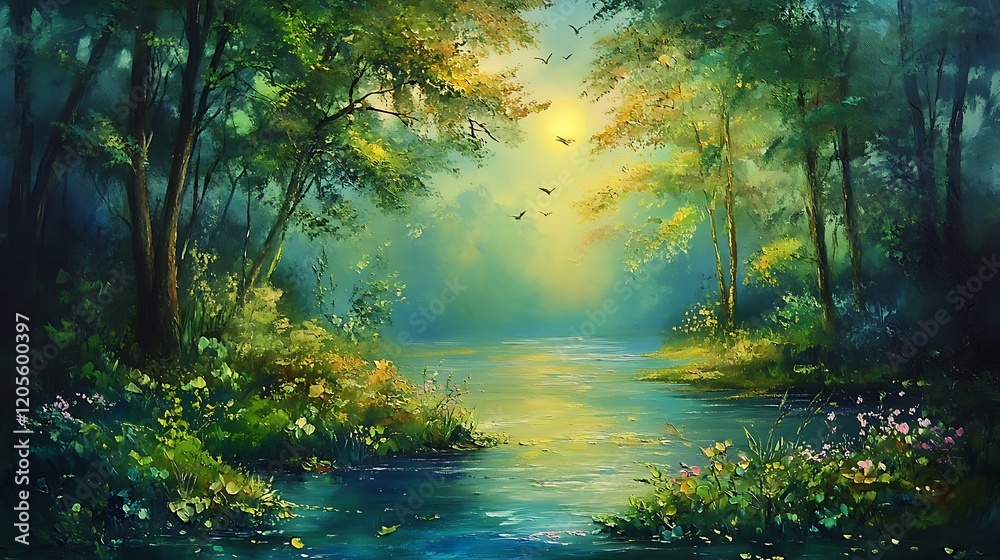 Obraz premium A Sunlit Stream Flowing Through a Tranquil Forest