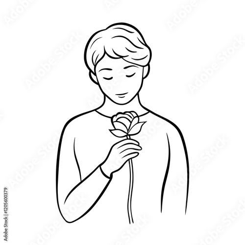 Outline illustration of a person holding a rose, symbolizing love and affection