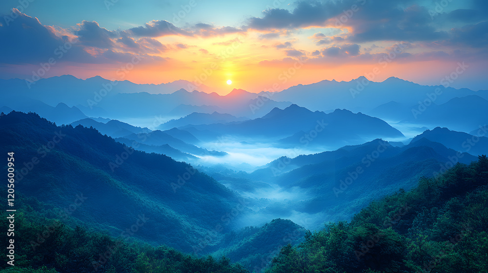 Obraz premium A beautiful mountain valley with a large field of grass and a large rock formation. The sun is setting in the distance, casting a warm glow over the landscape. The scene is peaceful and serene