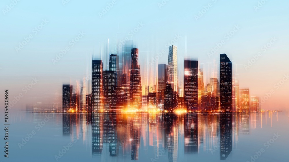 Symbolize of Startup. City skyline with reflections and vibrant colors at dusk. Symbolize of Startup. City skyline with reflections and vibrant colors at dusk.