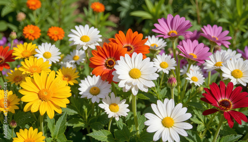 Fototapeta premium Colorful garden daisies in bloom on a sunny day 