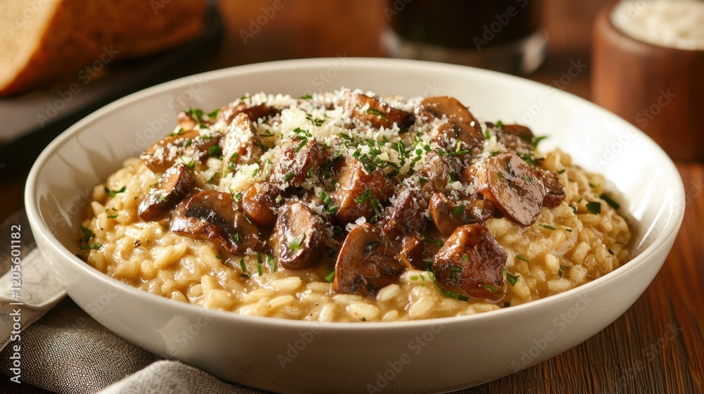 A bowl of mushroom risotto with cheese and parsley A bowl of mushroom risotto with cheese and parsley
