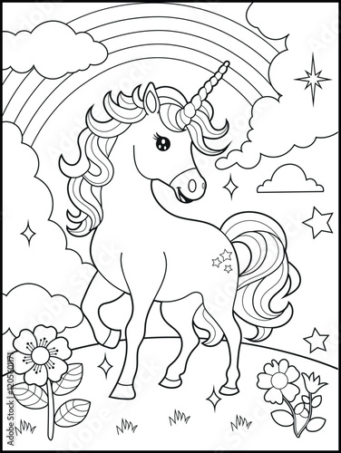 Illustration of a cute baby unicorn cartoon character. Black and white Printable Unicorn coloring page for kids.