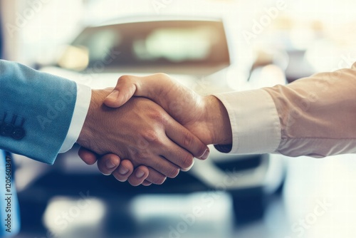 Close-up of a handshake between two businessmen at a car dealership, finalizing the purchase of a new vehicle. Trust and professionalism concept. photo