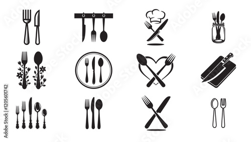 Cutlery Silhouette Design Bundle On White Background.