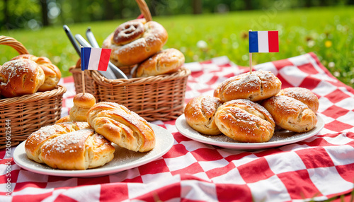 Traditional French pastries laid out for Bastille Day picnic, celebration photo