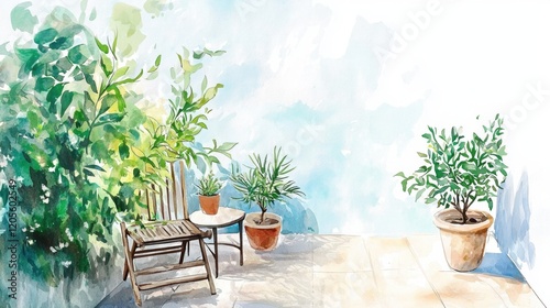 A painting of a patio with a wooden chair and a table