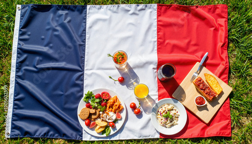 Bastille Day picnic feast on French flag blanket, festive celebration photo