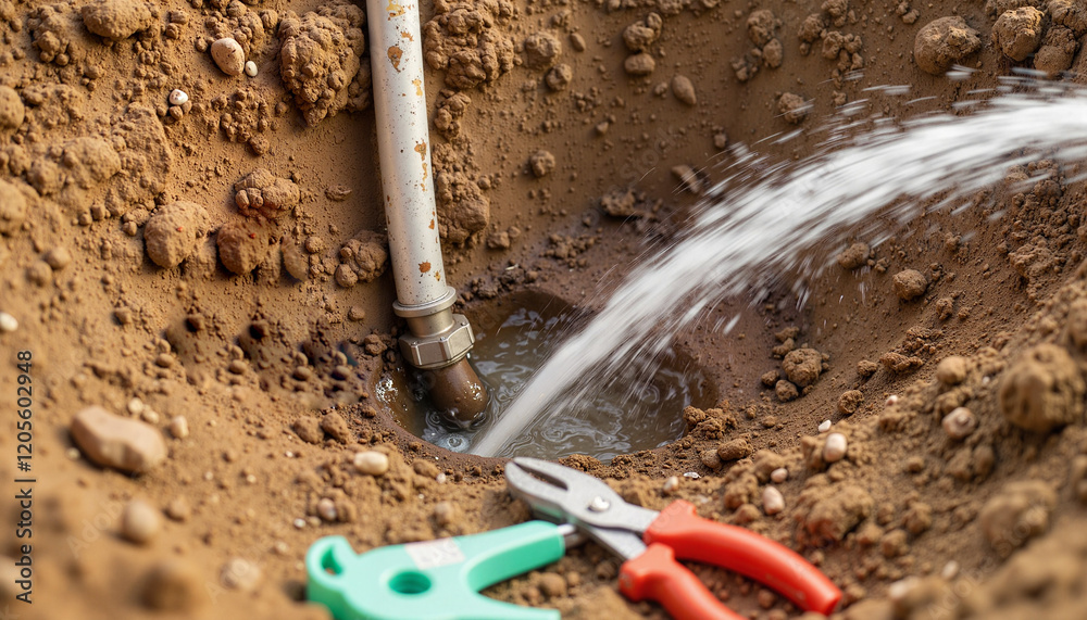 Broken water pipe spraying water in muddy trench, urgent repair Broken water pipe spraying water in muddy trench, urgent repair