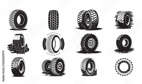 Terrain Tyre Silhouette Design Bundle, Vector isolated on white background.