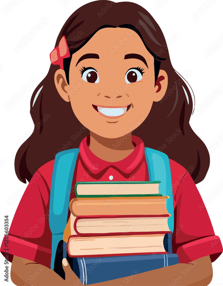 Smiling student girl carrying stack of books and backpack
