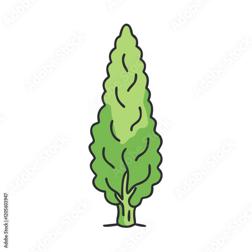 Stylized green conifer tree vector illustration, simple design, A stylized vector illustration of a green conifer tree with a tall, narrow shape, featuring a simple trunk and detailed foliage.
