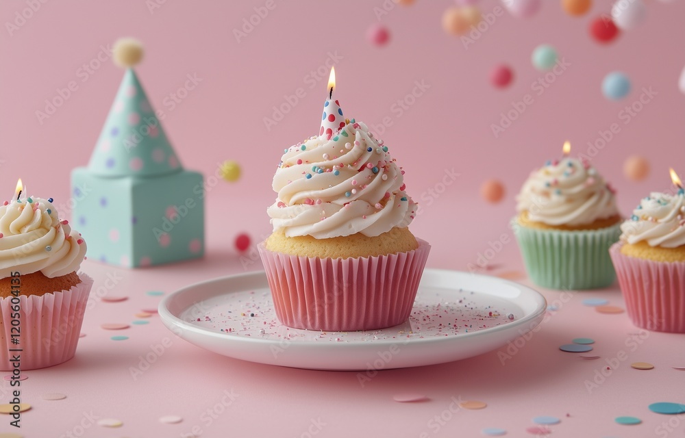 Colorful cupcakes with sprinkles and candles on a pink background for a birthday celebration