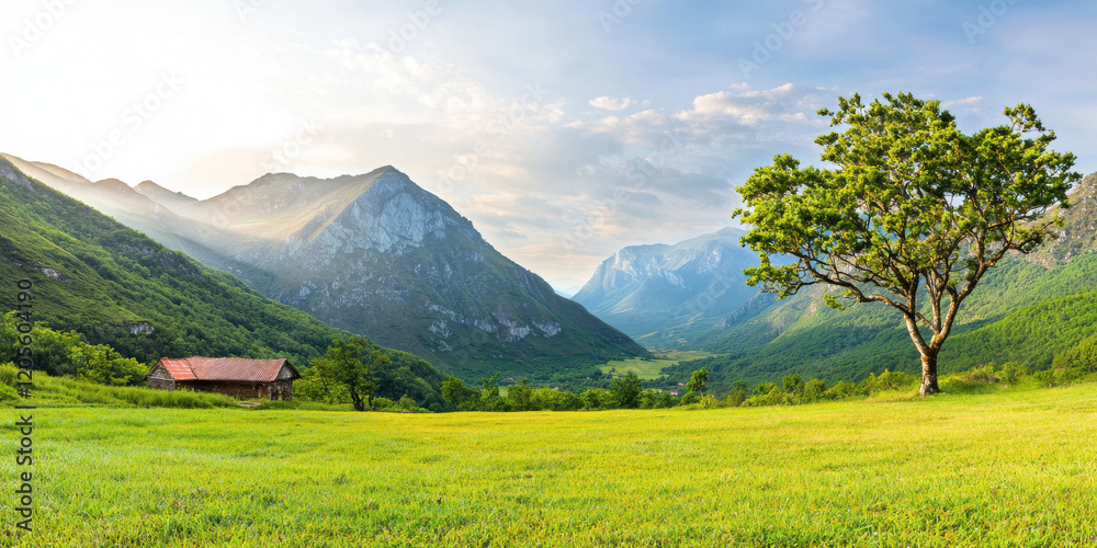 Fototapeta premium serene landscape featuring mountains, lush valley, and solitary tree. scene captures beauty of nature with soft sunlight