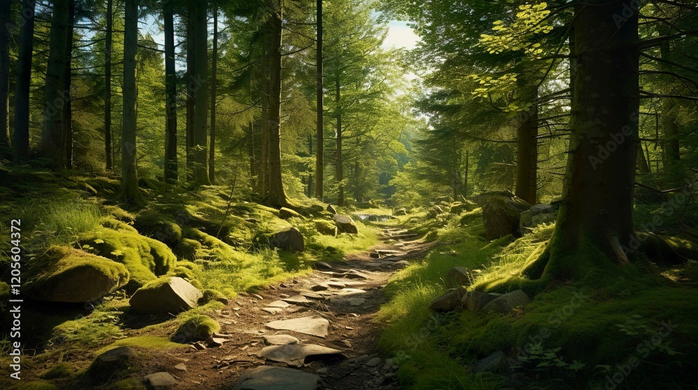 Fototapeta premium A photo of a scenic hiking trail winding through a lush forest