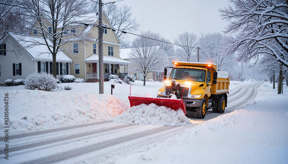 Snow plow clearing residential street during early morning, winter maintenance Snow plow clearing residential street during early morning, winter maintenance