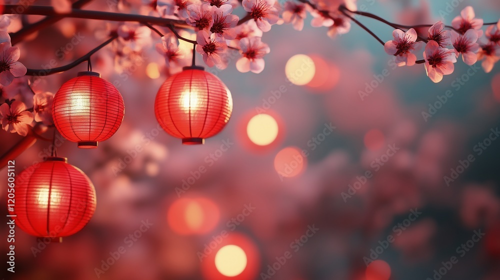 Vibrant red lanterns hanging among blooming cherry blossoms in a serene setting at sunset Vibrant red lanterns hanging among blooming cherry blossoms in a serene setting at sunset
