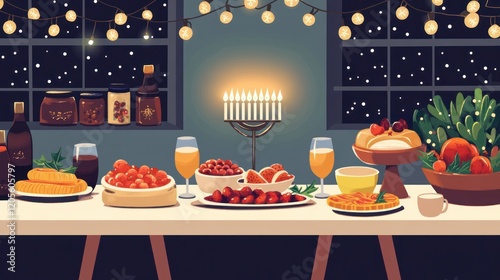 Festive Hanukkah dinner table with menorah, food, and lights. photo