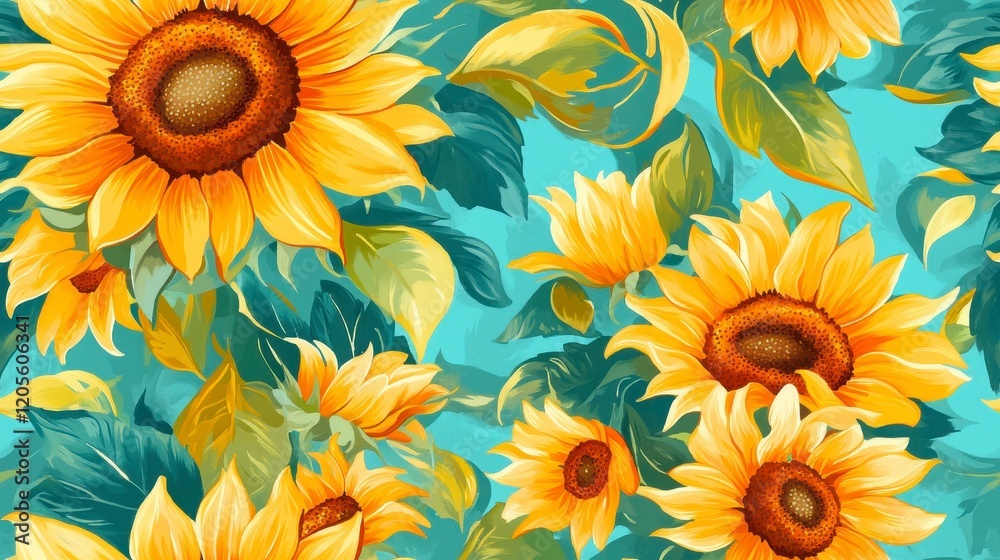 Sunflower Clusters on Teal, vibrant sunflower clusters create a lively pattern against a soothing teal backdrop, ideal for textiles and decor. Sunflower Clusters on Teal, vibrant sunflower clusters create a lively pattern against a soothing teal backdrop, ideal for textiles and decor.