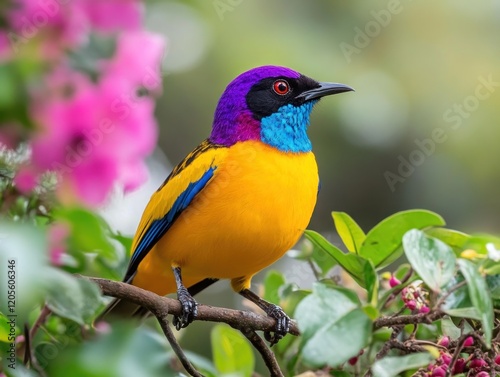 Vibrant golden-fronted leafbird perched on a branch with a blurred floral background photo