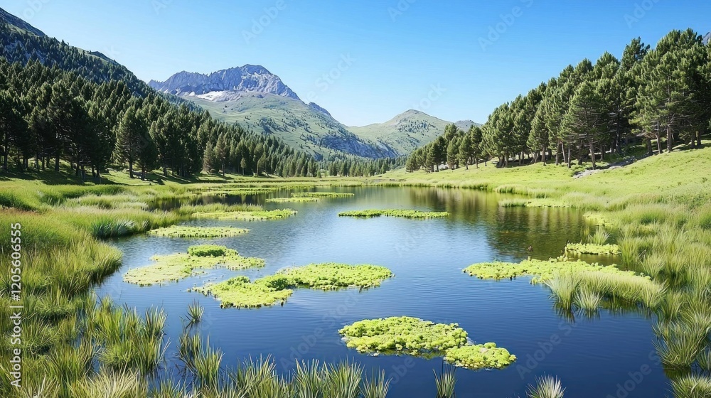 Fototapeta premium Mountain lake serene landscape summer postcard