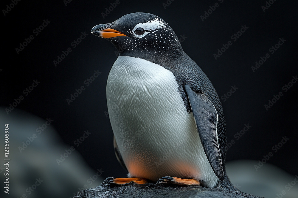 Naklejka premium A gentoo penguin rests on a dark rock