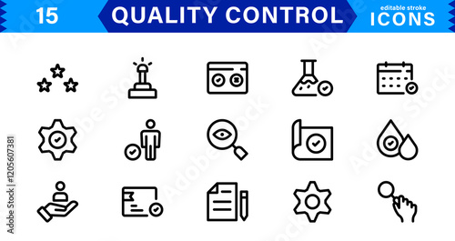 Quality Control Icon Set. Minimalist Vector Illustrations for Manufacturing, Inspection, and Standards