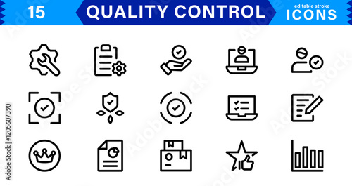 Quality Control Icon Set. Minimalist Vector Illustrations for Manufacturing, Inspection, and Standards
