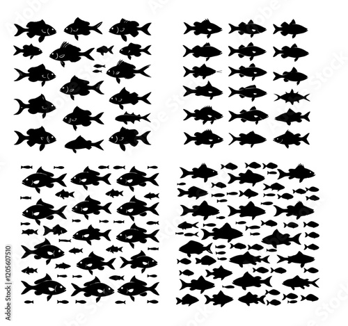 Silhouette Fish School Pattern: A set of four distinct patterns featuring stylized black silhouette fish, arranged in various formations to create a dynamic and visually appealing design.