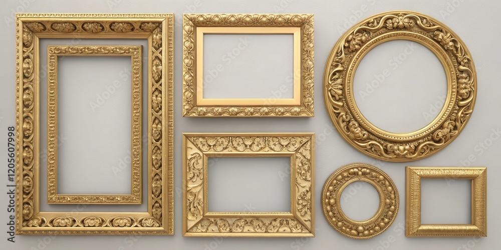 A Collection of Ornate Gilded Picture Frames with Various Shapes and Sizes, Ideal for Displaying Artwork or Photographs A Collection of Ornate Gilded Picture Frames with Various Shapes and Sizes, Ideal for Displaying Artwork or Photographs