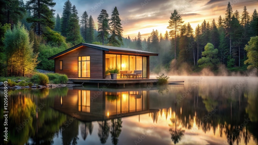 Obraz premium Serene Lakeside Cabin Illuminated by Warm Sunset Glow, Reflecting in Calm Waters, Surrounded by Tranquil Forest