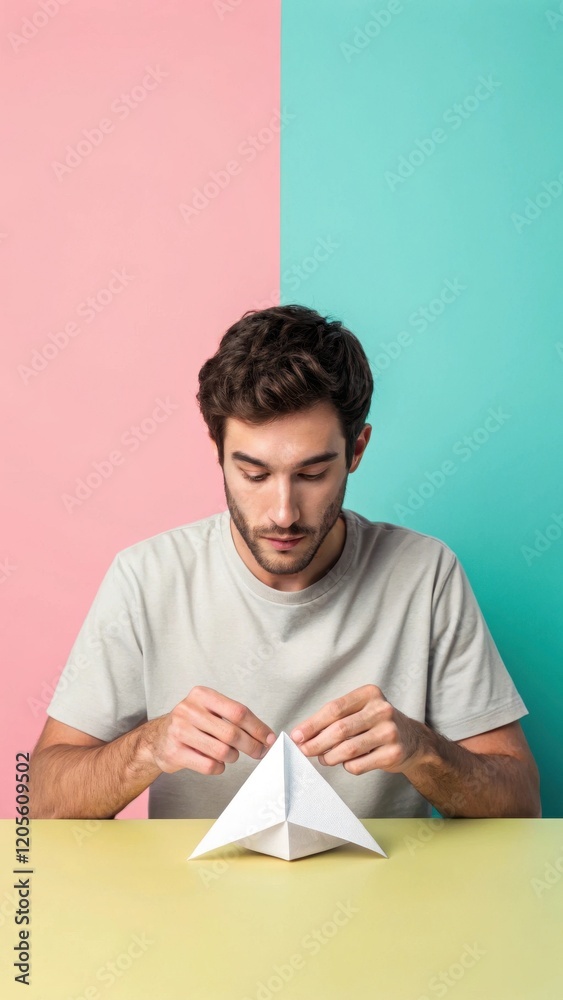Focused Young Man Folding White Paper Airplane at Yellow Table Focused Young Man Folding White Paper Airplane at Yellow Table