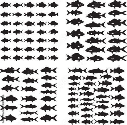 Fish Silhouette Pattern: An artistic arrangement of fish silhouettes in various sizes and positions, creating a visually captivating and versatile pattern suitable for design projects, branding.