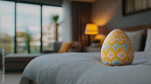 A close-up of a golden Easter egg with delicate floral patterns, resting on a bed of soft cotton fabric in a beautifully lit room.