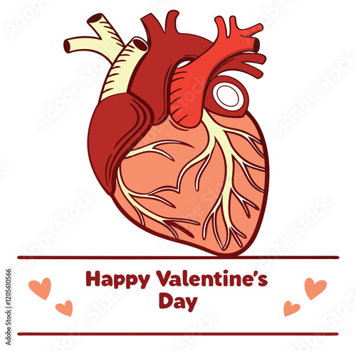 Happy Valentine's day greeting card template with realistic drawing of anatomical heart design icon sign silhouette vector illustration 