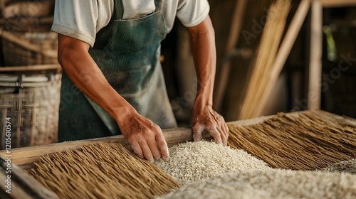 Traditional Manual Rice Threshing Process with Farmers Separating Grains