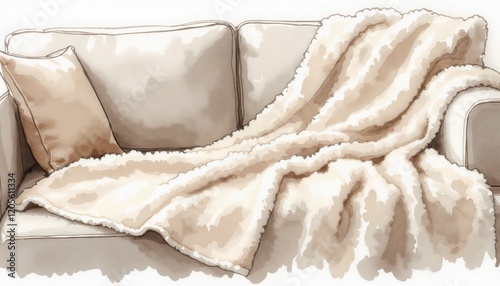 Fleece blanket on couch, watercolor tones of ivory and taupe