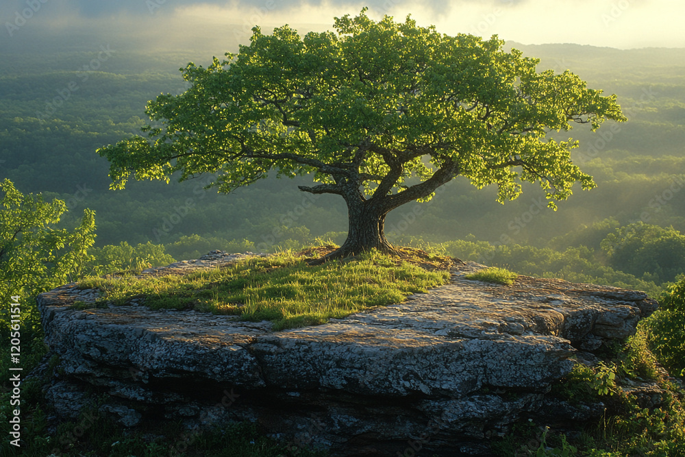 Lone Oak Tree Stands Tall On Rocky Outcrop Overlooking Valley Lone Oak Tree Stands Tall On Rocky Outcrop Overlooking Valley