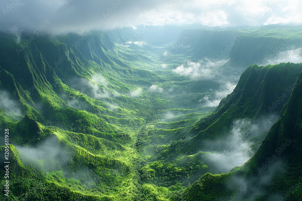 Obraz premium Lush Green Mountains Valley Cloudscape Scenic View