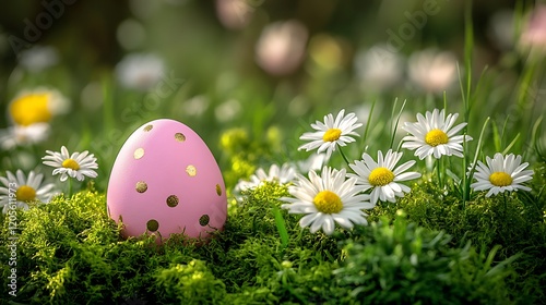 A close-up of a vibrant purple Easter egg with gold accents, sitting on a soft bed of green moss under gentle sunlight. photo